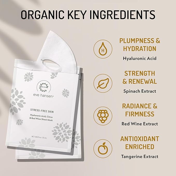 Eve Hansen Skincare Set: 5 Hyaluronic Face Mask Sheets & 8 oz Organic Rose Water Spray – Deep Hydration, Antioxidant Care & Refreshing Toner – Set of 2 Products for All Skin Types