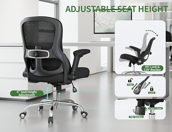 Office Chair Ergonomic Desk Chair Comfy: 400LBS Mesh Computer Chair Ergonomic Gaming Chairs with Wheels Adjustable Lumbar Support and Flip up Armrest-Swivel Executive Chairs Long Hours(Full Black)