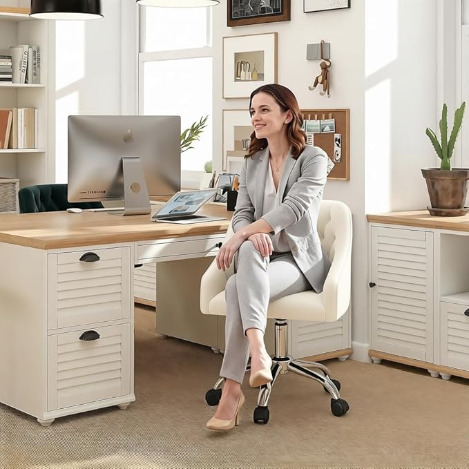 MOJAY Velvet Office Swivel Chair, Vanity Fabric Desk Pretty Fancy Gold Office Chairs for Girls, 360°Swivel Height Adjustable Reception Chair (White)