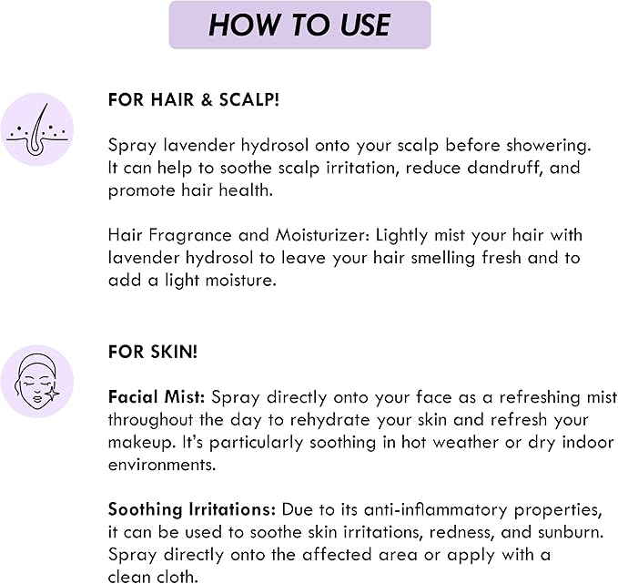 Aromatique Lavender Water Toner/Mist Spray/Hydrosol for Soothing Skin & Hair Hydration Solution - Balances, Refines & Enhances - Gentle for All Types - Daily Use