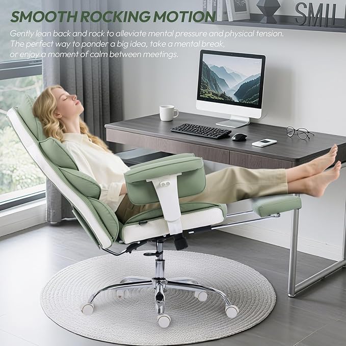 Dowinx Big and Tall Office Chair with Pocket Springs Cushion,High Back Computer Gaming Chairs with Adjustable Armrests,Executive Desk Chairs with Lumbar Support and Footrest,PU Leather-Green