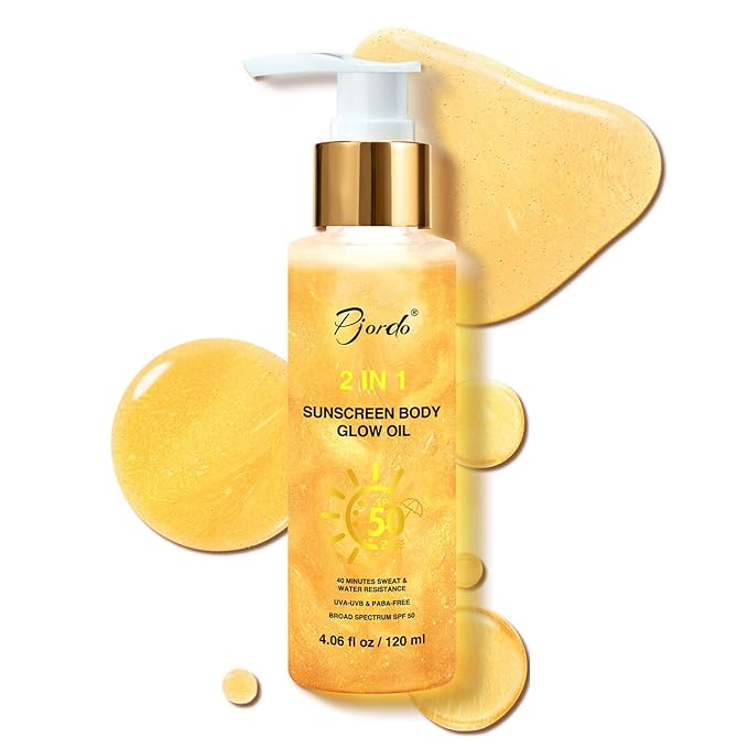 Body Shimmer Oil, Sunscreen Glow Oil, Broad Spectrum SPF 50, Sun Shield, Lightweight Shimmering Gel Texture Absorbs Quickly, Non Sticky, Glowing Results, Gold 4.06 fl oz