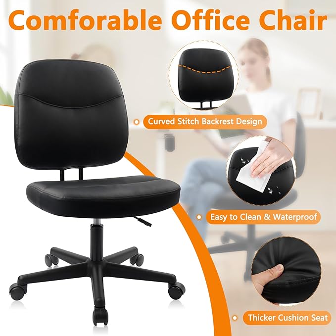 CLATINA Armless Home Office Chair,Small PU Leather Ergonomic Low Back Desk Chair with Lumbar Support and Wheels, Adjustable Height 360° Swivel Rolling Computer Task Chair, Black, 6 Pack