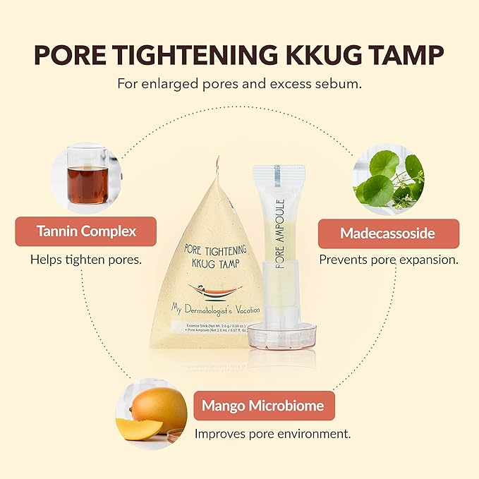 My Dermatologist's Vacation, PORE TIGHTENING KKUG TAMP – Double-Acting Beauty Device with Micropoint ESSENCE STICK & AMPOULE, Korean Skincare Facial Serum Kit, 8 Single-Use Sets (2 Pieces Per Use)