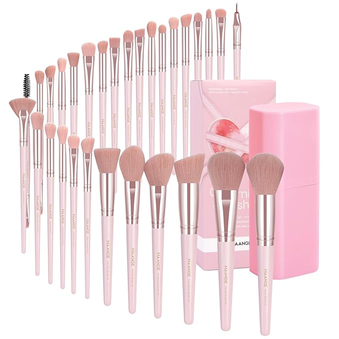 MAANGE 30Pcs Professional Makeup Brush Set with Case – Premium Synthetic Brushes for Foundation, Powder, Blush, Eyeshadow & Blending,Pink