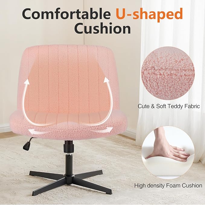 Sweetcrispy Criss Cross Chair Legged, Armless Office Swivel Desk Chair No Wheels, Vanity Height Adjustable Wide Seat Comfy Cute Computer Task Seating for Home Bedroom