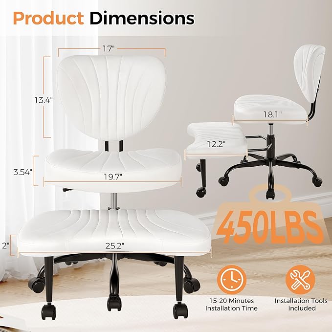 Cross Legged Office Chair, Ergonomic Criss Cross Chair with Wheels, 360° Swivel Height-Adjustable Meditation Chair for Yoga & ADHD, Wide Kneeling Chair with Strong Lumbar Support (White) BPY01W