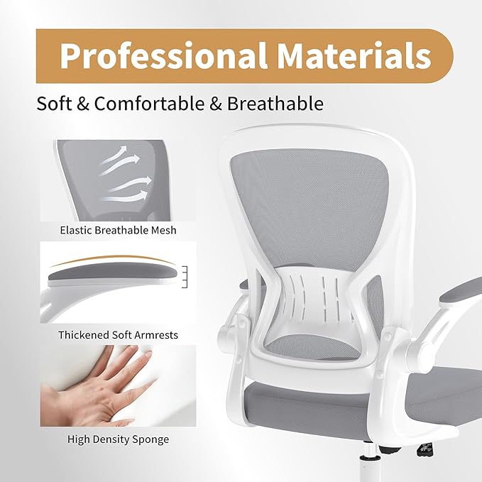 Youhauchair Mesh Office Chair, Ergonomic Home Office Desk Chairs with Flip-up Arms and Lumbar Support, Height Adjustable, Grey