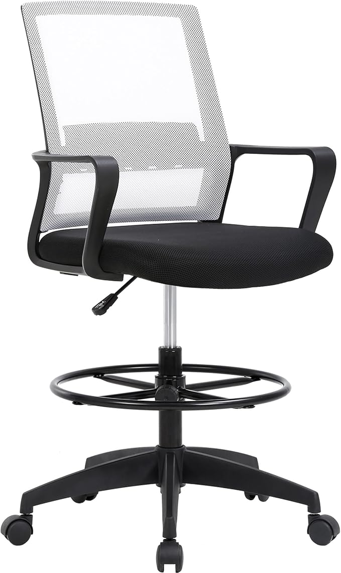 BestOffice Drafting Chair Tall Office Chair Adjustable Swivel Rolling Mesh Height with Lumbar Support Arms Footrest Mid Back for Adults Standing Desk Drafting Stool (Beige)