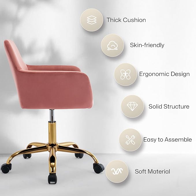 Faux Fur 360°Swivel Desk Chair, Modern Height Adjustable Home Office Armchair with Golden Base for Teens Women Girls, Upholstery Computer Chair for Home Studios, Velvet & Pink