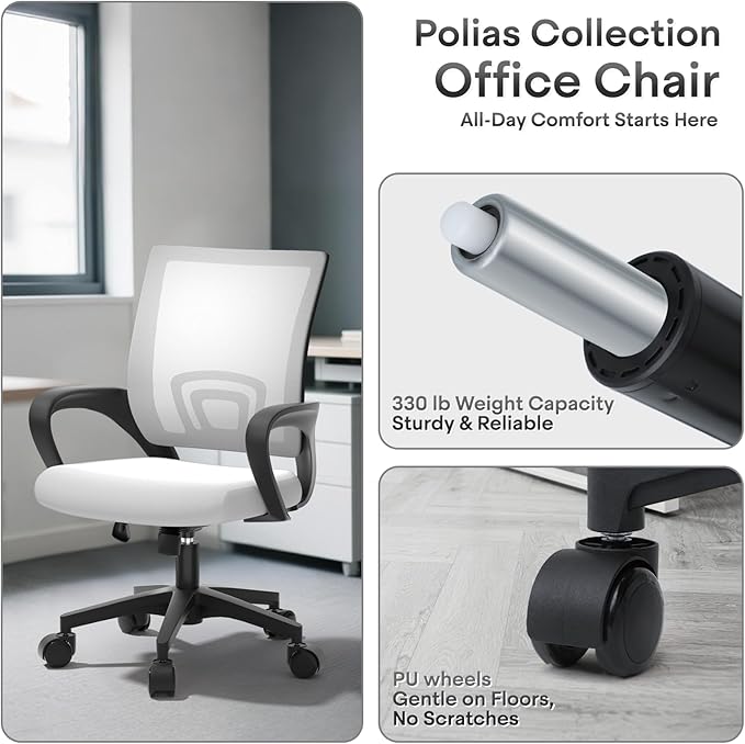 Ergonomic Office Chair - 330Lbs, Breathable Mesh Computer Desk Chair with Lumbar Support & Armrest, Rolling Swivel Adjustable Tilt Lock for Home Office/Gaming, Bedroom Study