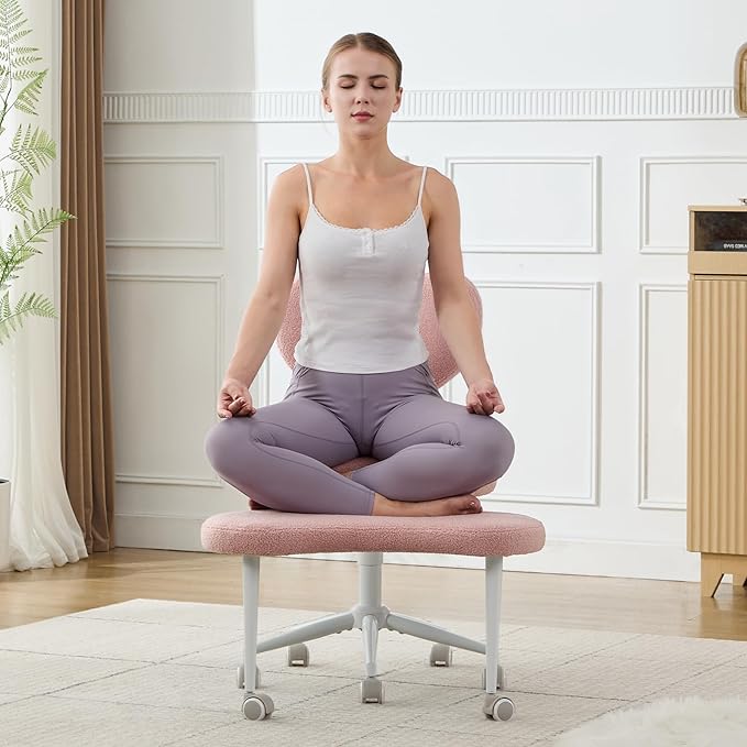 Cross Legged Chair with Wheels, ADHD Chair, Criss Cross Desk Chair with Lumbar Support and Adjustable Stool, Flexible Design for Fidgety Sitters (Pink)