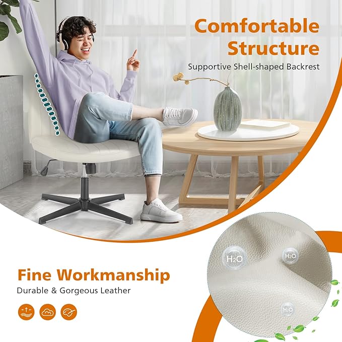 Sweetcrispy Criss Cross Chair Legged, Armless Office Swivel Desk Chair No Wheels, Vanity Height Adjustable Wide Seat Faux Leather Computer Task Seating for Home Bedroom