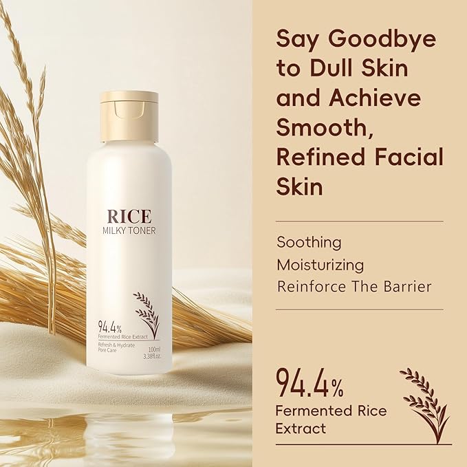 Milky Rice Toner for Face, Rice Toner Korean Facial Deep Hydrating Toners with Oryza Sativa Bran Extract Glow Glass Skin Moisturizing Soothing Sensitive Skin 3.38 Floz