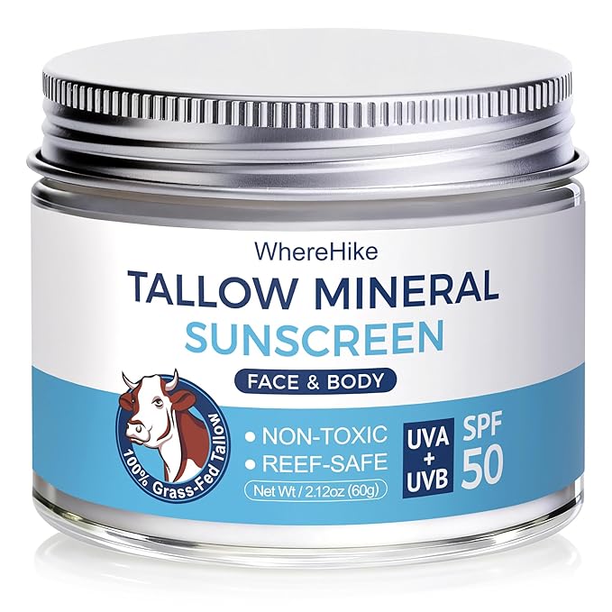 Organic Beef Tallow Sunscreen-SPF 50 with Zinc Oxide,Non-Toxic 2-in-1 Moisturizer & Mineral Sunblock | Reef Safe, Chemical-Free,Lightweight, Clean Formula for Sensitive Skin Natural Sunscreen.