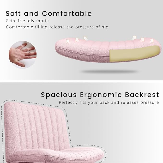 PUKAMI Criss Cross Chair,Comfy Cross Legged Office Desk Chair No Wheels,Modern Fabric Swivel Adjustable Height Mid Back Wide Seat for Home Office Computer (Pink)