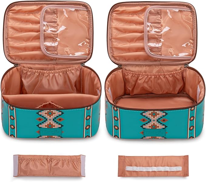 Montana West X Wrangler Travel Makeup Bag 2pcs Set Large Cosmetic Bag with Makeup Brush Holder Portable Make Up Organizer Cute Toiletry Bag with Divider and Handle for Women Aztec