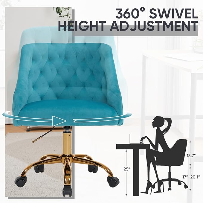 MOJAY Velvet Office Swivel Chair, Vanity Fabric Desk Pretty Fancy Gold Office Chairs for Girls, 360°Swivel Height Adjustable Reception Chair (Lake Blue)