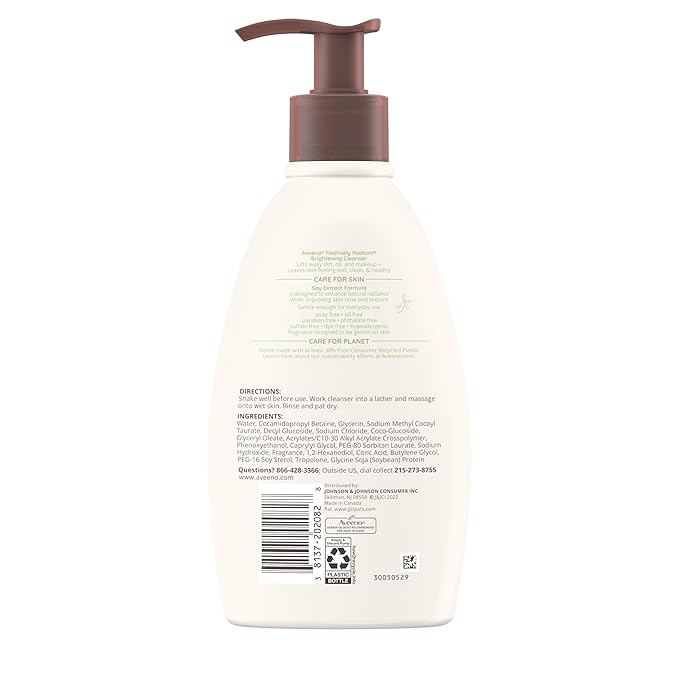 Aveeno Positively Radiant Brightening Facial Cleanser for Sensitive Skin,Targets Dull Skin,Moisture Rich Soy Extract,Non-Comedogenic,Oil- & Soap-Free,Hypoallergenic,11 Fl. Oz,(Pack of 2)