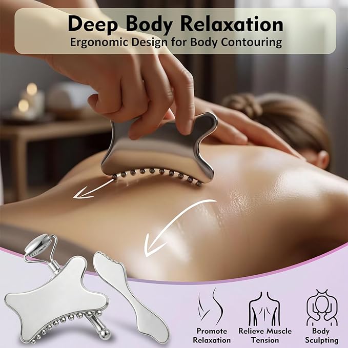 3-in-1 Stainless Steel Face Roller & Gua Sha Set – Cooling Facial Massager Tools for Sculpting, De-Puffing & Jawline Definition