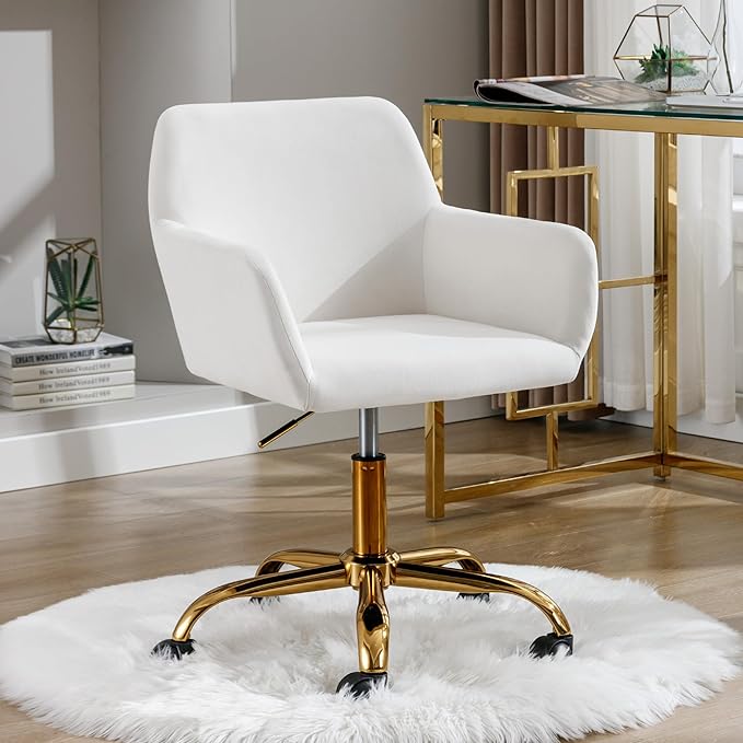 Faux Fur 360°Swivel Desk Chair, Height Adjustable Home Office Armchair with Golden Base for Teens Women Girls, Upholstery Computer Chair for Home Studios, Velvet & White