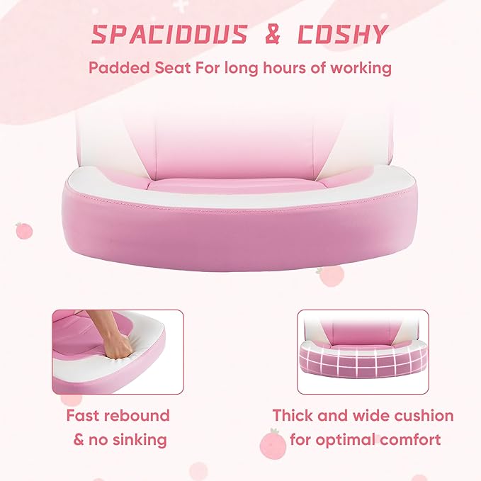 NEWBULIG Computer Gaming Desk Chair - Big Tall Ergonomic Lumbar Support with Flip-up Armrest and 360° Swivel Wheels, PU Leather Height Adjustable, for Home and Office, Pink