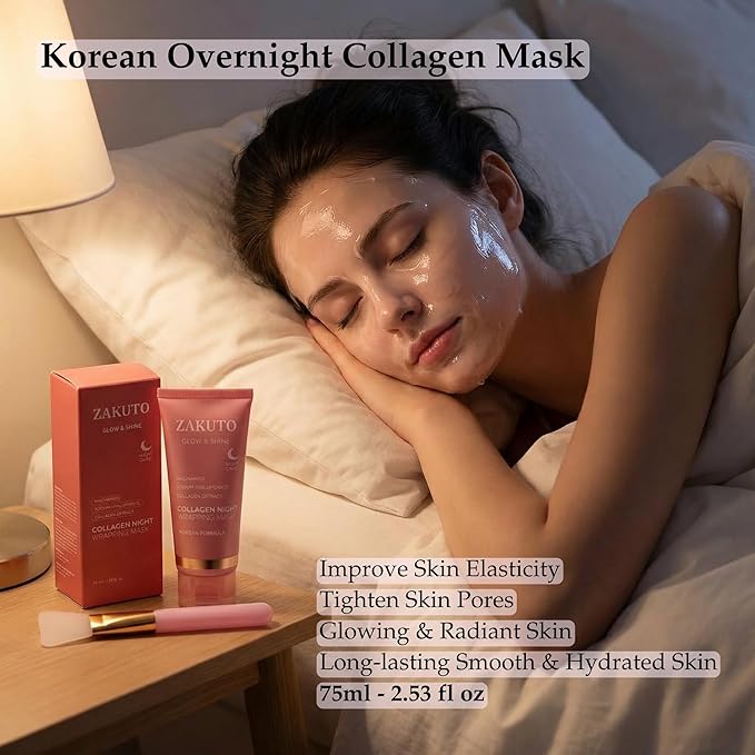 Collagen Face Mask 2 Pack – Korean Formula – Peel Off Overnight Face Mask for Glass Skin, Hydrating & Firming Collagen Mask with Brush, Korean Skincare for Elasticity & Glow (2.53 fl oz)
