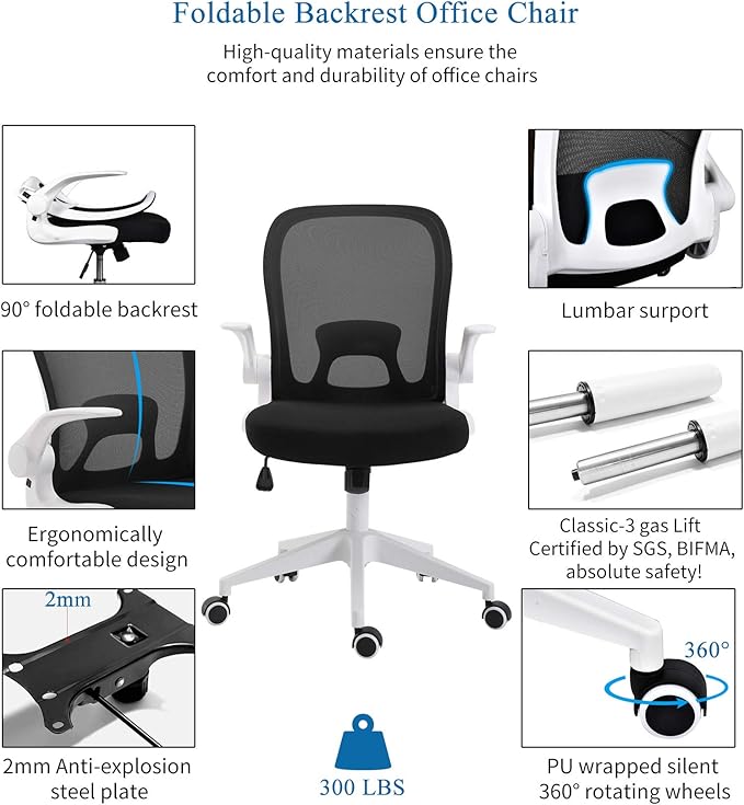 IPKIG Foldable Office Chair - Home Office Desk Chairs with Wheels and Flip-Up Arms - Ergonomic Backrest Mesh Computer Chair Adjustable Swivel Rolling Home Executive (White)