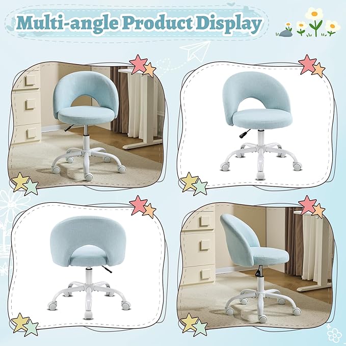 VINGLI Small Vanity Chair with Wheels for Girls.Cute Modern Adjustable Height Armless Office Desk Chair.360°Swivel Comfy Rolling Chair for Study, Make up Room,Small Space,Linen Light Blue