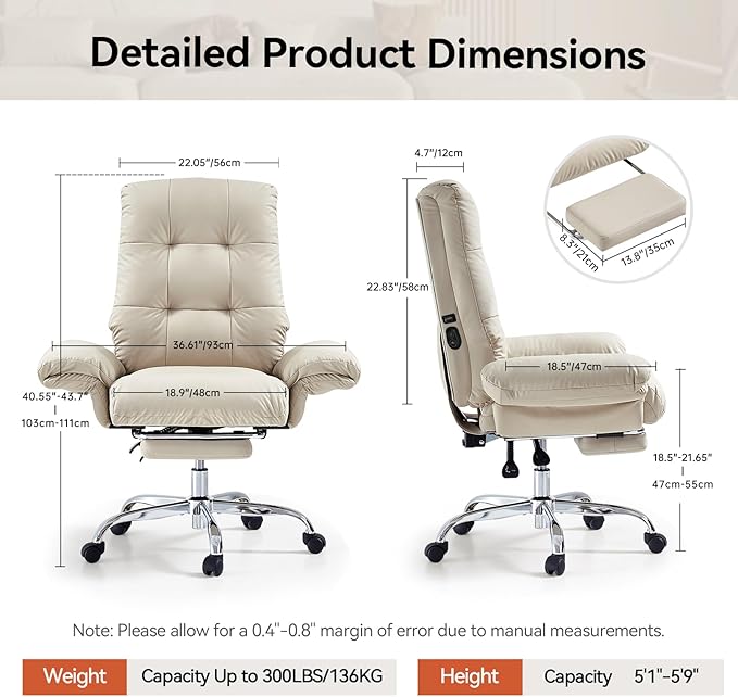 EMIAH Heated and Massage Office Chair with Foot Rest Criss Cross Chair with Wheels and Flip-up Arms Reclining Desk Chair Comfy Wide Seat PU Leather Rolling Computer Home Office Chair (Beige)