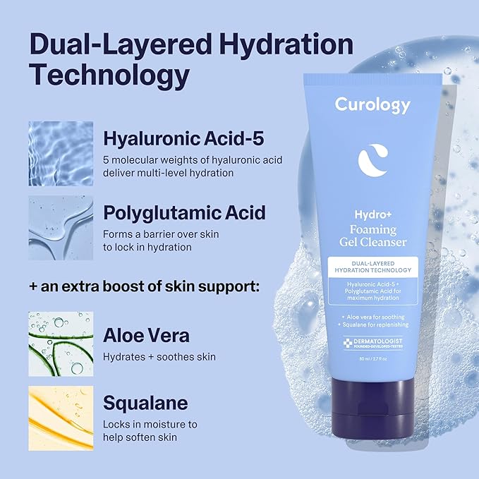 Curology Hydro+ Essentials Bundle, Foaming Gel Cleanser, Cream Moisturizer, and Cooling Caffeinated Eye Gel with Hyaluronic Acid, Peptides, and Niacinamide