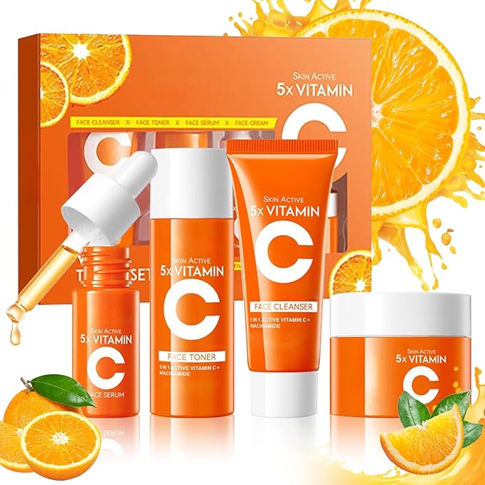 4-in-1 Skincare Kit for Women, Vitamin C Skincare Kit with Facial Cleanser, Toner, Serum and Face Cream