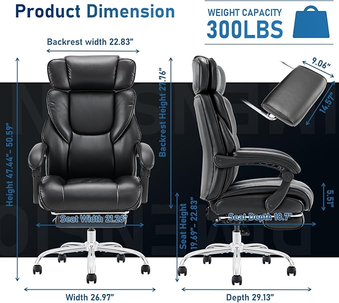 High Back Office Chair with Adjustable Headrest, Retractable Footrest & Lumbar Pillow, Ergonomic Bonded Leather Executive Desk Chair, Thick Padded Cushion, 90–135° Reclining Chair for Home OfficeBlack