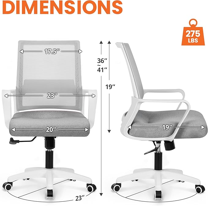 NEO Chair Office Chair Gaming Desk Computer Chair Ergonomic Mesh Mid Back with Wheels Lumbar Support Comfy Swivel Adjustable for Home (Grey)