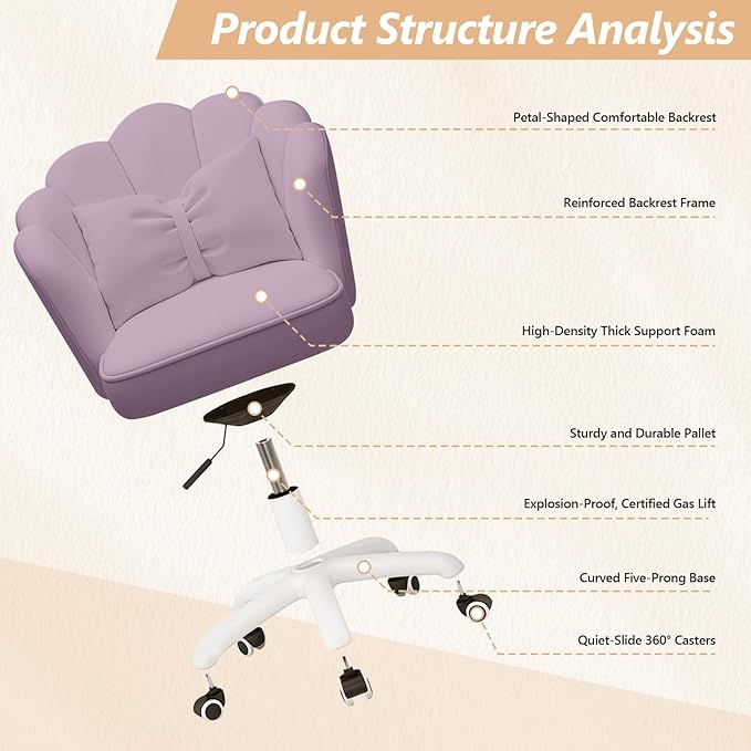 Home Office Desk Chair Swivel Rolling Vanity Chair with Silent Wheels and Comfortable Back, Adjustable Height Upholstered Computer Task Chair for Makeup, Bedroom