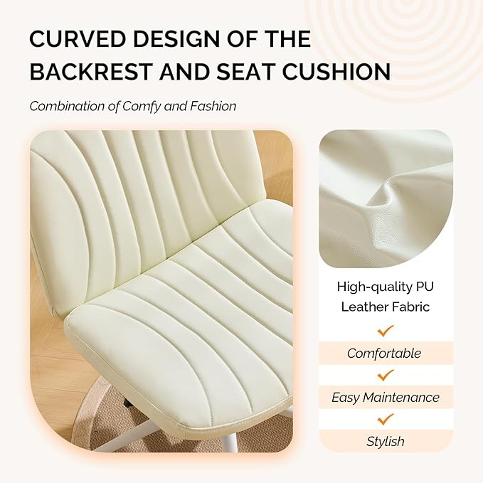 VINGLI Criss Cross Legged Chair,Wide Comfy Office Desk Chair,Dual-Use with/no Wheels Computer Task Chair,Swivel Armless Vanity Rolling Chair for Study,Make Up,Home Office,Cat Scratch PU Leather,Beige
