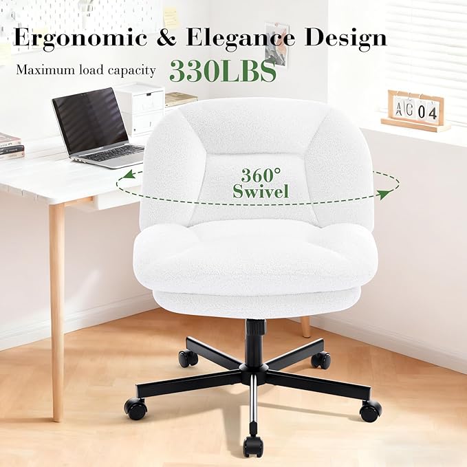 Cross Legged Office Chair, Thick Cushioned Criss Cross Chair with Wheels, Wide Seat Armless Office Chair, Height Adjustable Swivel Vanity Chair for Home and Office, White