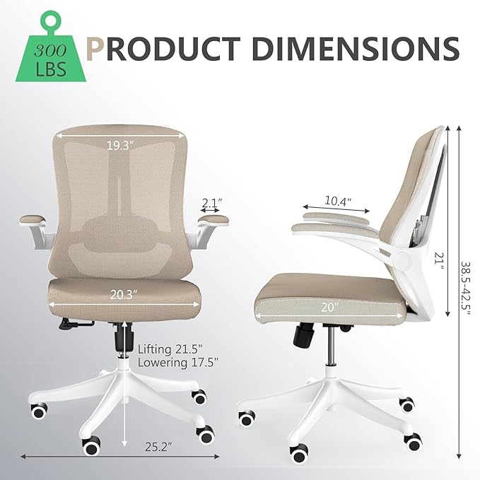 Ergonomic Office Chair with Adjustable Lumbar Support & Flip-Up Armrests - High Back Computer Desk Chair with Thickened Seat Cushion, Rolling Wheels for Home/Office Study Work (08khaki)