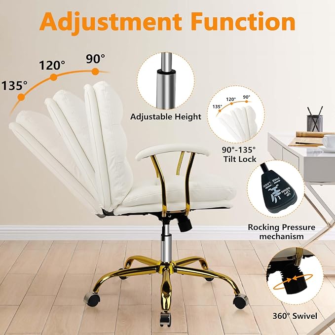 Leather Home Office Desk Chair, Mid-Back Vanity Chair Make Up Chair with Gold Wheels & Removable Armrests, Rolling Swivel Computer Task Chair for Office Bedroom Living Room Girls Women, White