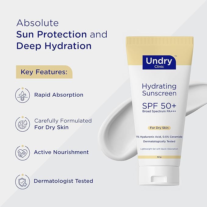 Hydrating Sunscreen for Dry Skin Lightweight, Photostable Sunscreen SPF 50 Broad Spectrum Sun Screen Protector SPF 50 Sunscreen Sun Cream with HA & Ceramide (50gm/1.7 Oz)