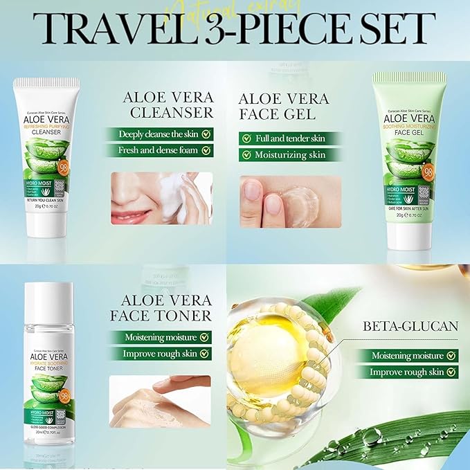 Aloe Vera Face Skincare Set,3 Pcs Moisturizing Aloe Vera with Aloe Vera Gel,Face Wash,Toner,Pure Organic Aloe Vera for All Skin Types,Travel Skincare Kit for Women(3PCS)