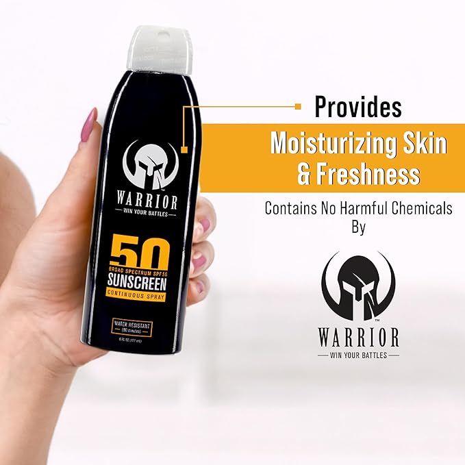 Warrior Sunscreen SPF 50 Continuous Spray - Water & Sweat Resistant Sunscreen Spray - Broad Spectrum Protection for UVA/UVB - Quick Dry Effective Formula, Field Tested – 6 Oz