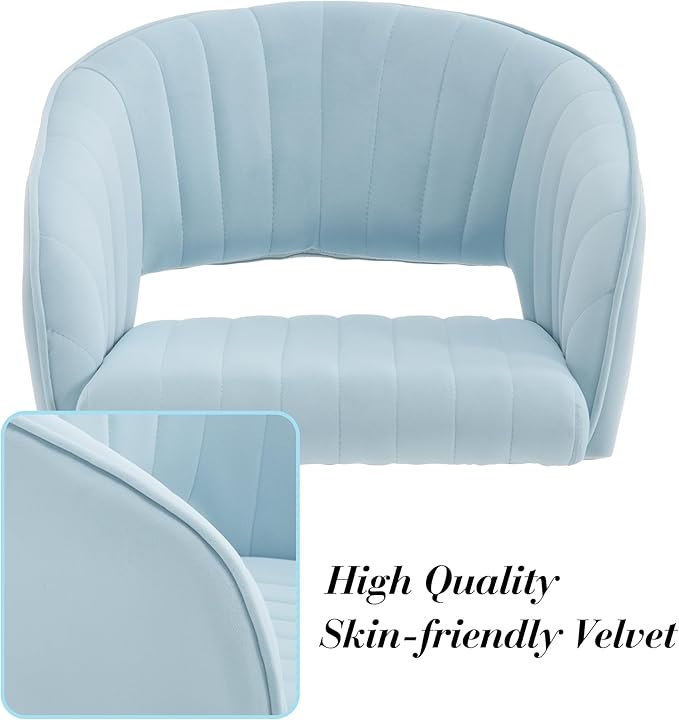 Modern Velvet Vanity Chair, Home Office Desk Chair with Hollow Back, Upholstered Dining Chair with Gold Metal Legs, Comfy Accent Armchair for Living Room Bedroom, Light Blue