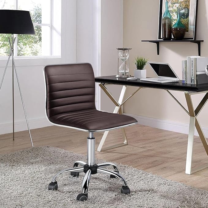 Yaheetech Modern PU Leather Ribbed Armless Working Office Chair Adjustable Low-Back Comfy Desk Task Chair w/Rolling Wheels, Brown