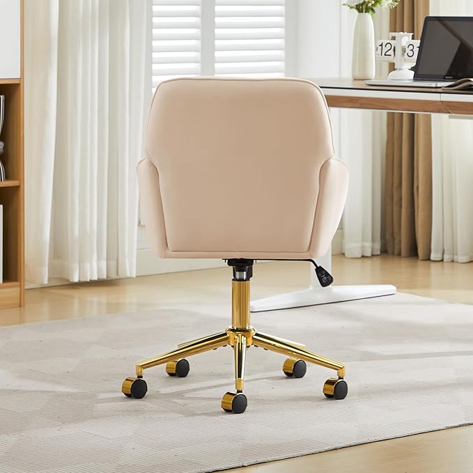YITAI Velvet Office Desk Armchairs with Gold Base and Wheels,Modern Height Adjustable 360 Degree Swivel Upholstered Vanity Chairs for Living/Room Bedroom/Study,Khaki