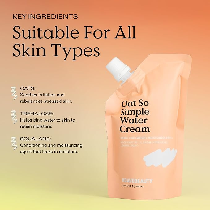 KraveBeauty Oat So Simple Water Cream Moisturizer, Calming, Lightweight Hydrating Gel Face Cream for Sensitive Skin with Oat Extract & Squalane, Fragrance Free, Refill Pouch, 200 mL