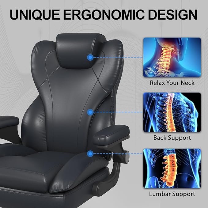 Hovos Office Chair, Ergonomic Big and Tall Desk Leather Chair with Padded Flip-up Arms, Adjustable Tilt Lock, Heavy Duty Swivel Rolling Computer Chair for Home Office, Black