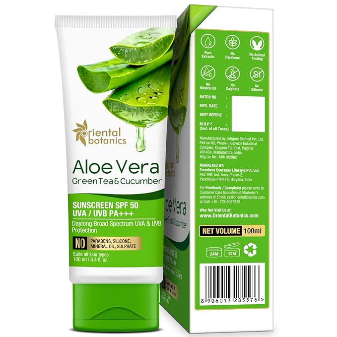Oriental Botanics Aloe Vera, Green Tea & Cucumber Sunscreen SPF 50 UVA/UVB PA+++, 100ml