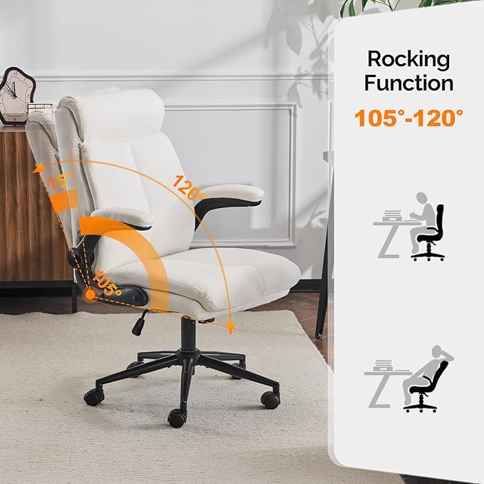 VINGLI Rolling Ergonomic Office Desk Chair with Padded Flip-up Arms, 360° Swivel High Back Executive Computer Task Chair with Wheels for Game，Home Small Space, Study Room, Reading Room, Linen White