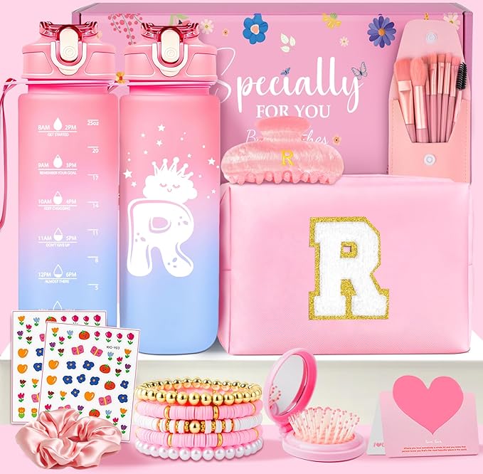 Initial Makeup Bag - Birthday Gifts for Girls 4 5 6 7 8 9 10 11 12 Year Old Teen Girls, Personalized Teen Girl Gifts - Preppy Cosmetic Bags Cute claw clips for Kids Women (Pink R)